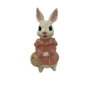 White‎ Ceramic Bunny Anthropomorphic Figurine With Pink Dress Rhinestone Accents
